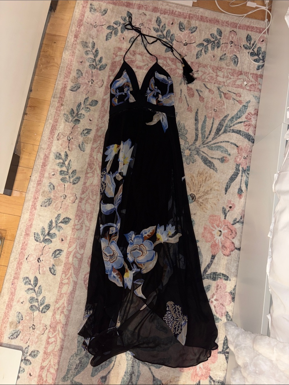 Black Floral Halter Maxi Dress with Blue & Cream Blooms